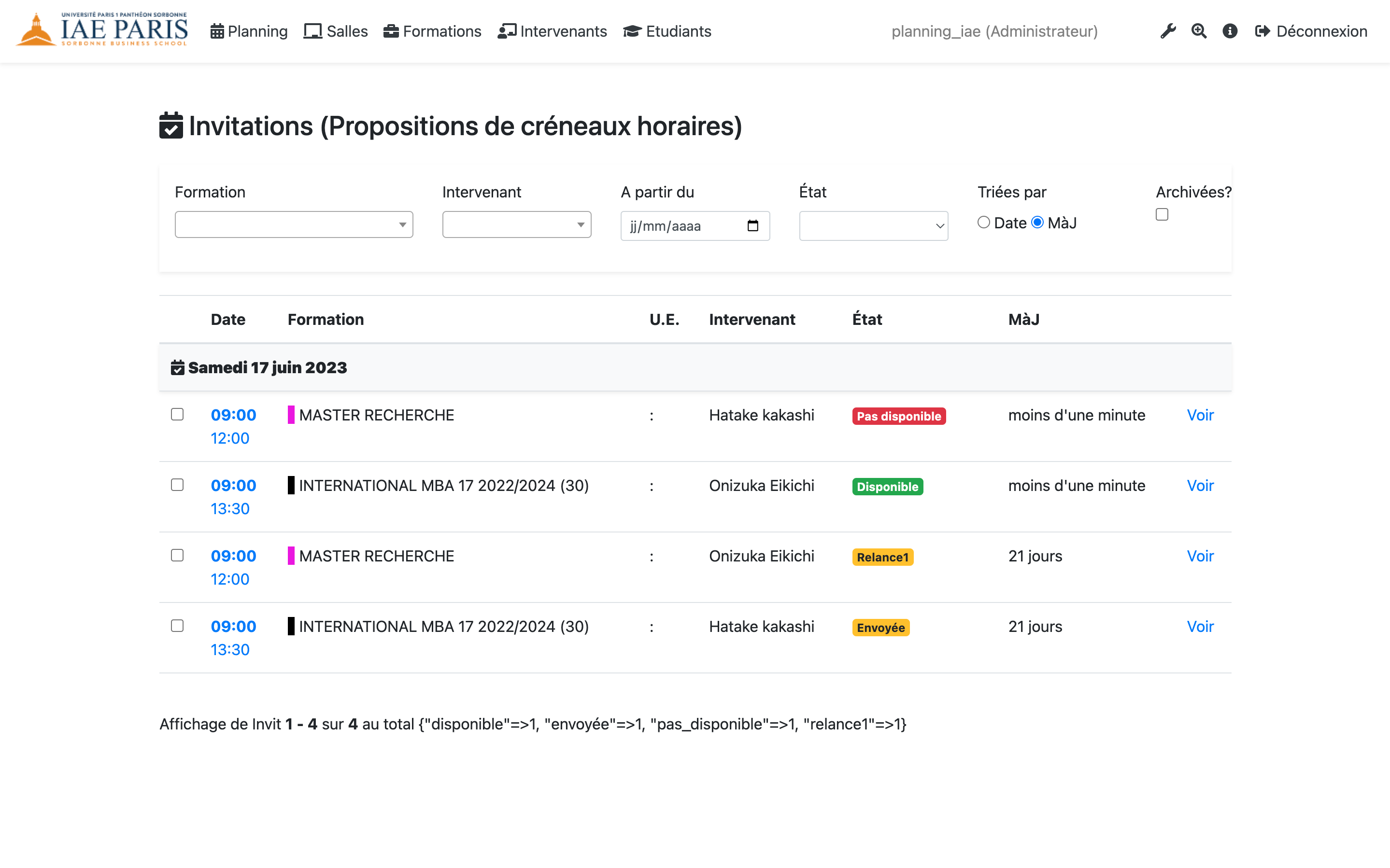 Liste des invitations (Propositions de créneaux horaires)