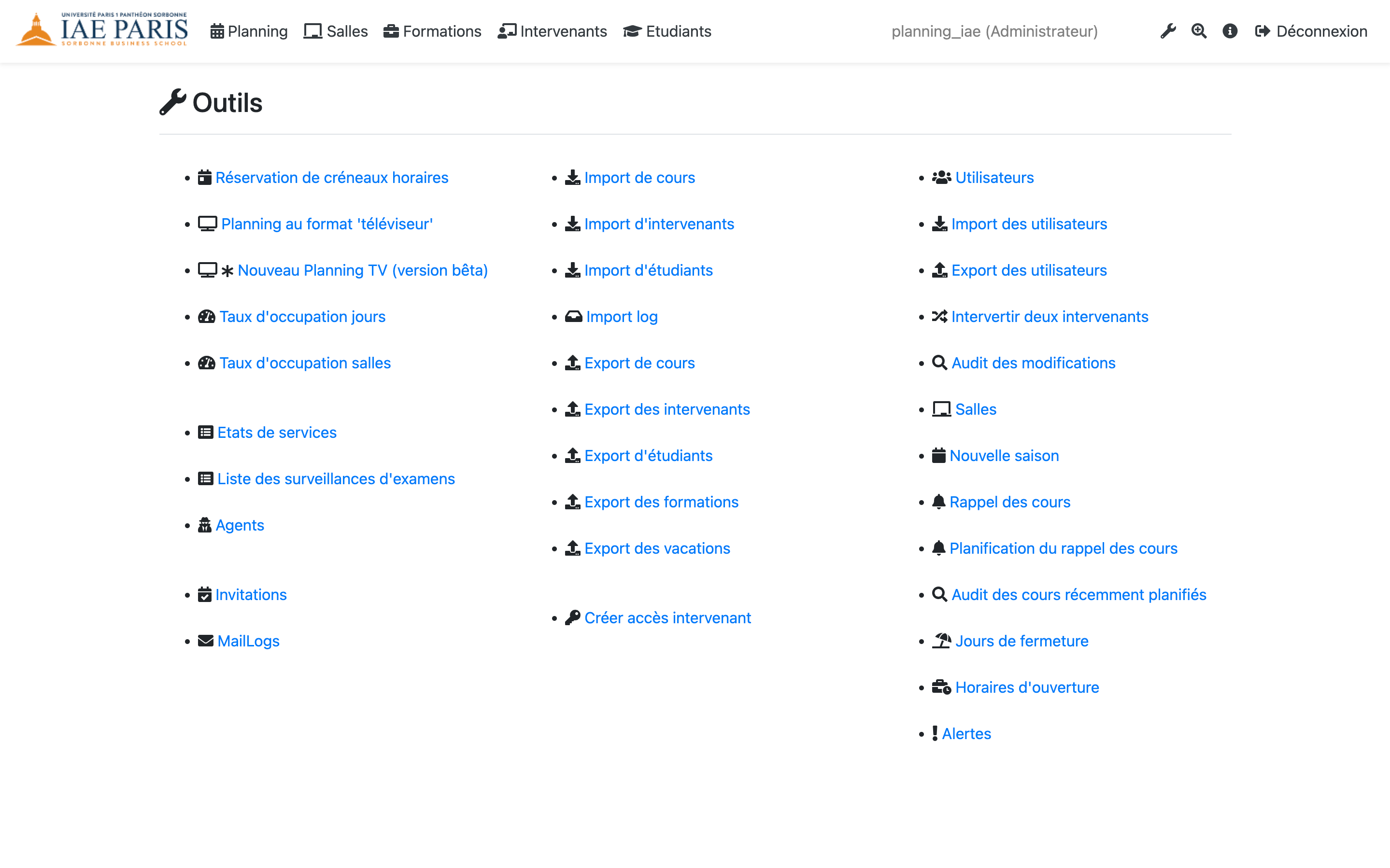 Liste des outils